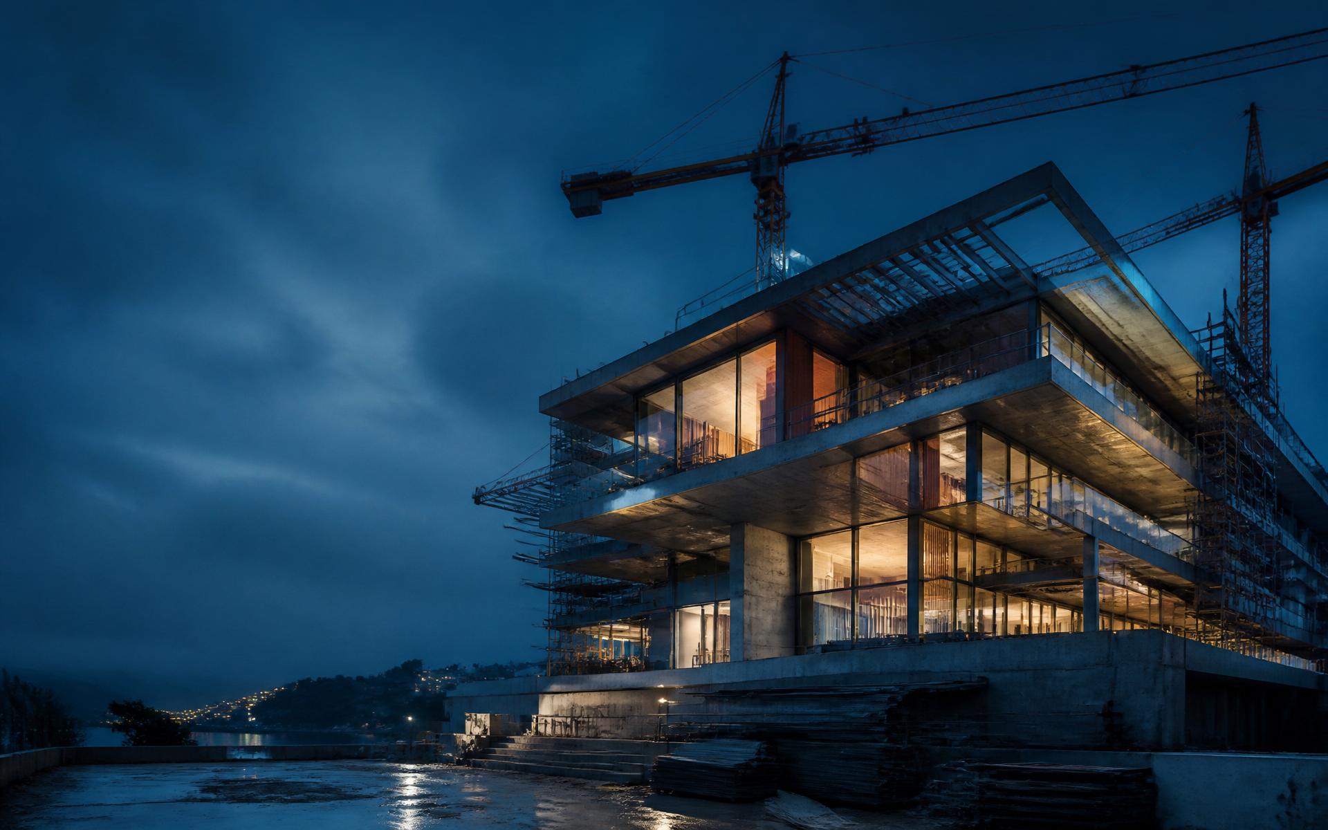 Casa de alto padrão em construção ao anoitecer